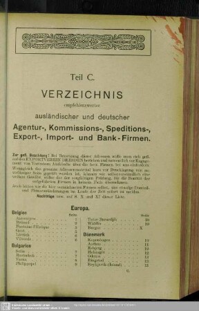 Teil C. Verzeichnis empfehlenswerter ausländischer und deutscher Agentur-, Kommissions-, Speditions-, Export-, Import- und Bank-Firmen