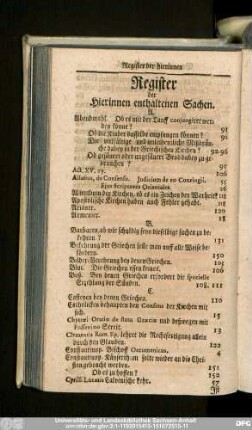 Register der Hierinnen enthaltenen Sachen.