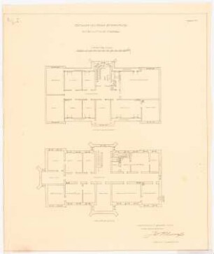 Pfarrhaus, Kattowitz-Bogudschütz: Grundriss Dachgeschoss und Keller 1:100