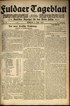 Erste Ausgabe vom Mittwoch, den 09. Juni 1920.