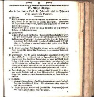 IV. Kurze Anzeige aller in der vierten Classe seit Johannis 1786 bis Johannis 1787 getriebenen Lectionen.