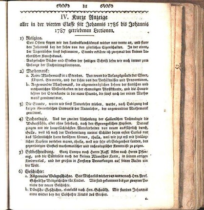 IV. Kurze Anzeige aller in der vierten Classe seit Johannis 1786 bis Johannis 1787 getriebenen Lectionen.
