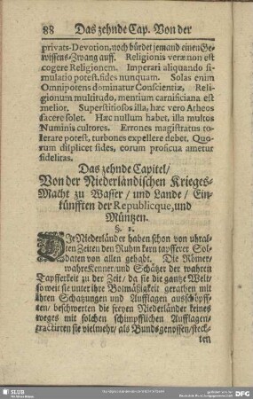 Das zehnde Capitel, Von der Niederländischen Krieges-Macht zu Wasser, und Lande, Einkünfften der Republicque, und Müntzen