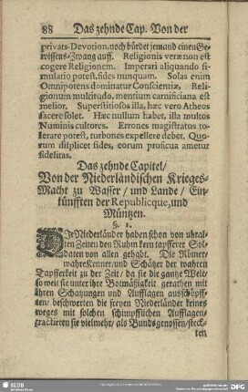 Das zehnde Capitel, Von der Niederländischen Krieges-Macht zu Wasser, und Lande, Einkünfften der Republicque, und Müntzen
