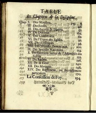 Tables de Chapitres de la Discipline. / Register der Capitel der Kirchen-Ordnung.