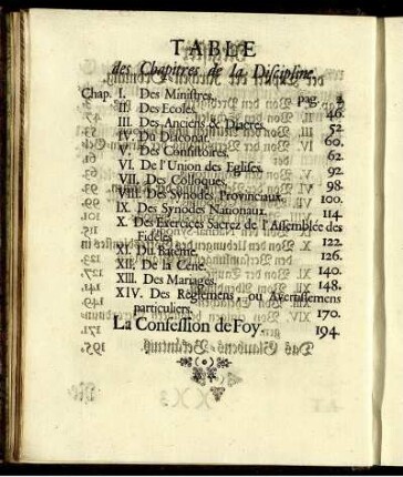 Tables de Chapitres de la Discipline. / Register der Capitel der Kirchen-Ordnung.