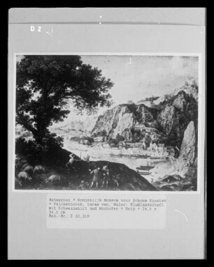 Flußlandschaft mit Schweinehirt und Hochofen