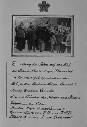 Erinnerungsblatt an die Weihe der "Bauernfahne" (auch Bündnisfahne) in Hilmersdorf 1926, "Für das Bündnis der Arbeitern mit den Bauern" : Erinnerungsblatt an die Weihe der "Bauernfahne" (auch Bündnisfahne) in Hilmersdorf 1926, "Für das Bündnis der Arbeitern mit den Bauern"