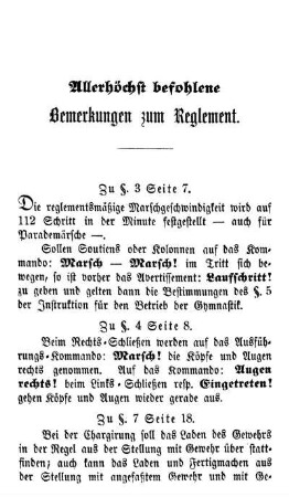 Allerh??chst befohlene Bemerkungen zum Reglement.