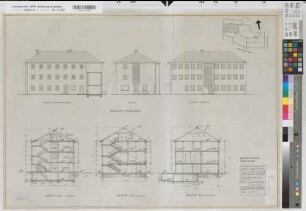 Lippstadt (Lippstadt) Amtsgericht und Gefängnis Schnitte, Ansicht Gefängnis 1965 1 : 100 58 x 82,5 Zeichnung Staatshochbauamt Soest