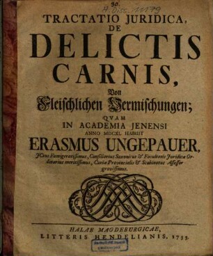 Tractatio Juridica, De Delictis Carnis = Von Fleischlichen Vermischungen