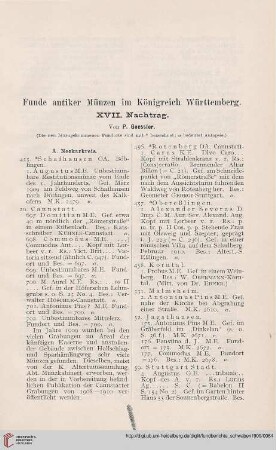 Funde antiker Münzen im Königreich Württemberg : XVII. Nachtrag