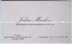 Visitenkarte des Regisseurs Julius Markow aus der Sammlung des Reichskanzlers Marx / ohne Zuordnung - Sachkonvolut