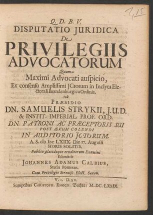 Disputatio Iuridica De Privilegiis Advocatorum