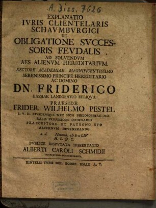 Explanatio iuris clientelaris Schaumburgici de obligatione successoris feudalis ad solvendum aes alienum hereditarium