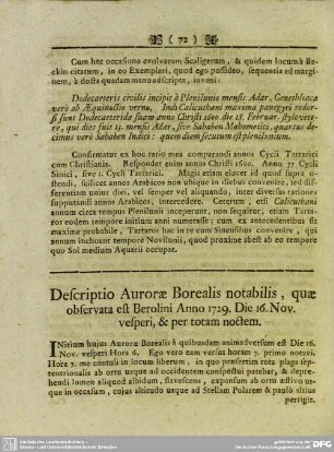[X.] Descriptio Aurorae Borealis notabilis, quae observata est Berolini Anno 1729. Die 16. Nov. vesperi, & per totam noctem