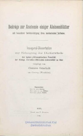 Beiträge zur Anatomie einiger Aloineenblätter mit besonderer Berücksichtigung ihres mechanischen Aufbaues