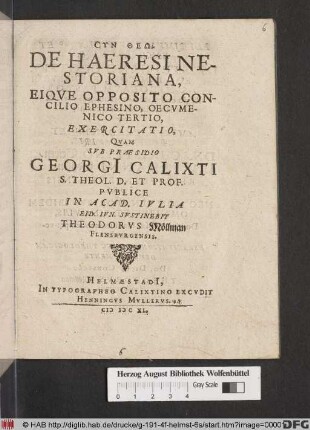 De Haeresi Nestoriana, Eique Opposito Concilio Ephesino, Oecumenico Tertio, Exercitatio