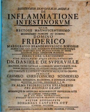 Dissertatio Inavgvralis Medica De Inflammatione Intestinorvm