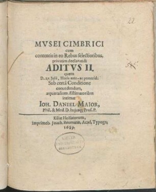 Mvsei Cimbrici cum contentis in eo Rebus selectioribus, privatim declarandi Aditvs II.