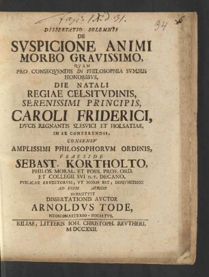 Dissertatio Solemnis De Svspicione Animi Morbo Gravissimo
