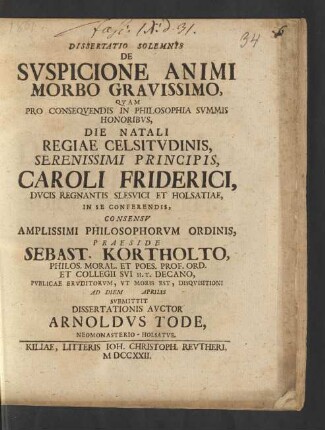 Dissertatio Solemnis De Svspicione Animi Morbo Gravissimo