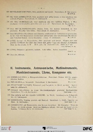 II. Instrumente, Astronomische, Meßinstrumente, Musikinstrumente , Uhren, Kompasse etc. (Nr. 204-231)