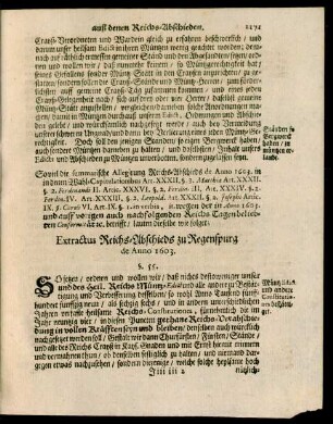 Extractus Reichs-Abschieds zu Regenspurg de Anno 1603