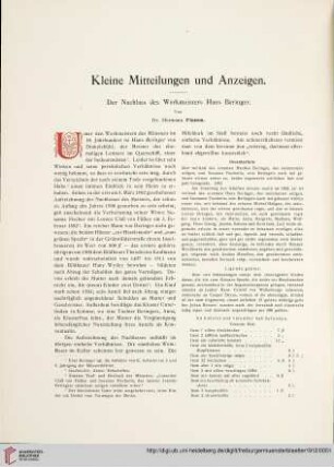 Der Nachlass des Werkmeisters Hans Beringer