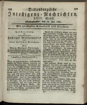 XXIX. Stück. Sonnabends: den 16. Jul. 1791.