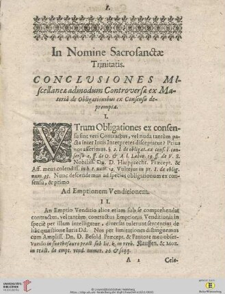 Conclusiones miscellaneae admodum Controversae ex Materia de Obligationibus ex Consensu depromptae