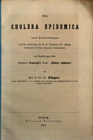 Die Cholera epidemica
