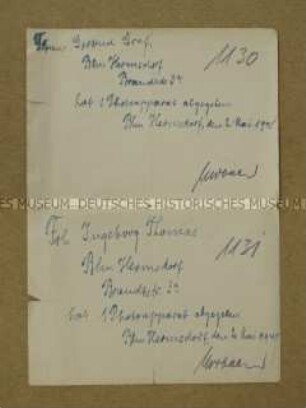 Quittung über die Ablieferung je eines Fotoapparates von Gertrud Graf und Ingeborg Thomas - Familiennachlass