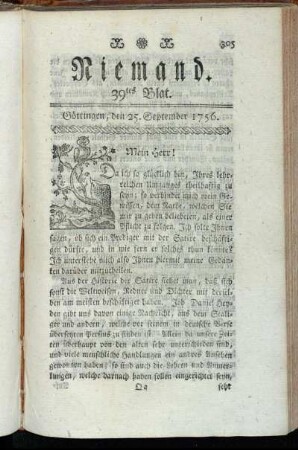 39tes Blat. Göttingen, den 25. September 1756.