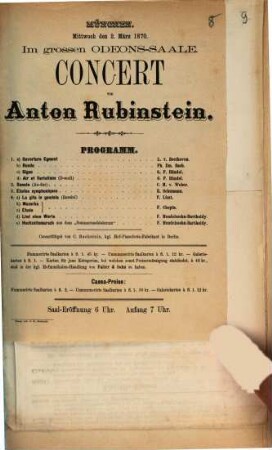 [Konzert-Programme des Königlichen Odeon in München und ähnlicher Münchener Veranstaltungen]. 8. 1870