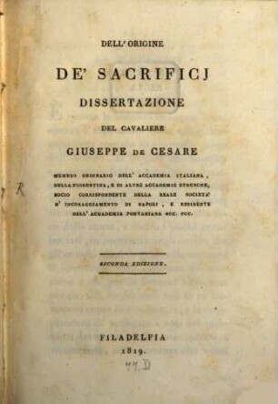 Del origine de'Sacrificij (dissertazione)