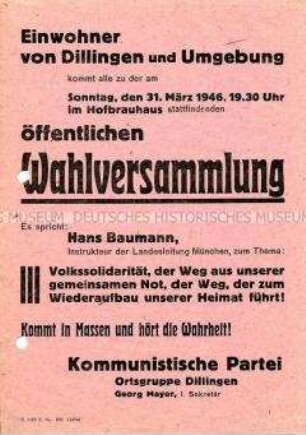 Einladung der KPD Dillingen zu einer öffentlichen Wahlversammlung zum Thema Volkssolidarität