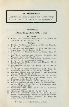 I. Auctionstag. Dienstag, den 22. Juni