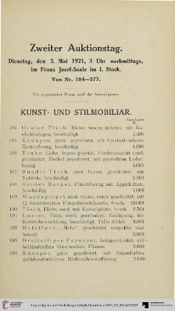 Zweiter Auktionstag: Dienstag, den 3. Mai 1921 (Nr. 184-377)