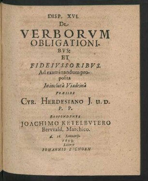 Disp. XVI. De Verborum Obligationibus Et Fiedeiussoribus