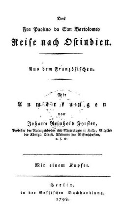 Des Fra Paolino da San Bartolomeo Reise nach Ostindien