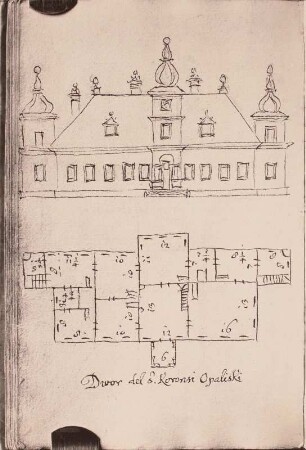 Schloss mit drei Zwiebeltürmen, dazu Grundriss