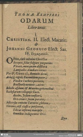Thomae Kempferi Odarum Liber unus