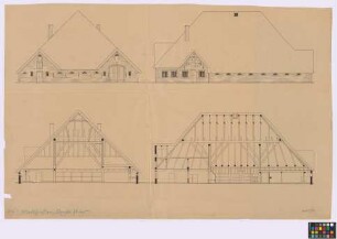 Sankt Peter-Ording ([Landkreis Eiderstedt]): Haubarg M. Matthießen. Haupthaus (zwei Ansichten, Querschnitt, Längsschnitt)