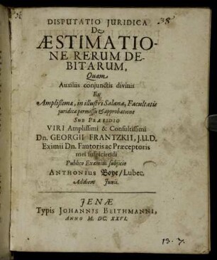 Disputatio Iuridica De Aestimatione Rerum Debitarum