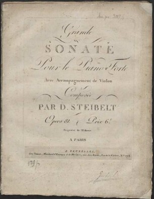 Grande SONATE Pour le Piano-Forte Avec Accompagnement de Violon Composée PAR D. STEIBELT Opera 81. Prix 6.lt Propriété de l'Editeur
