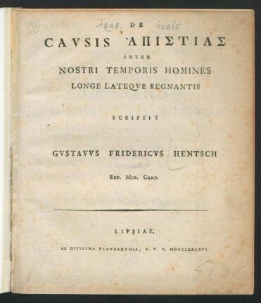 De Causis Apistias Inter Nostri Temporis Homines Longe Lateque Regnantis