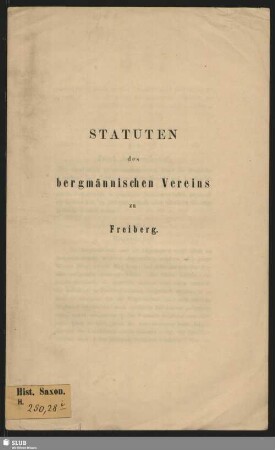 Statuten des bergmännischen Vereins zu Freiberg