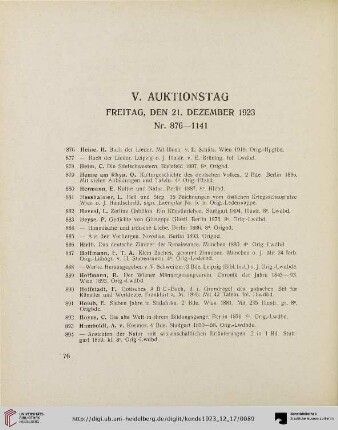 V. Auktionstag: Freitag, den 21. Dezember 1923 (Nr. 876-1141)