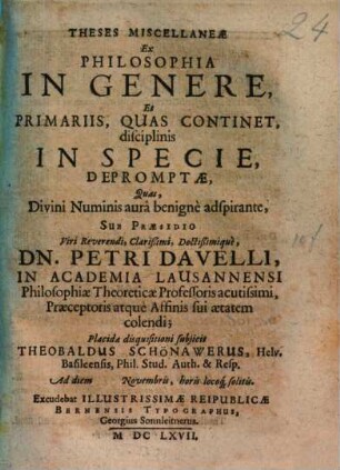 Theses miscellaneae ex philosophia in genere ... depromptae